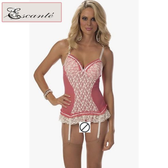 Escante Sz M Sun Kissed Bustier Chemise Garter Lace Mesh Underwire Molded Cups - Picture 1 of 5